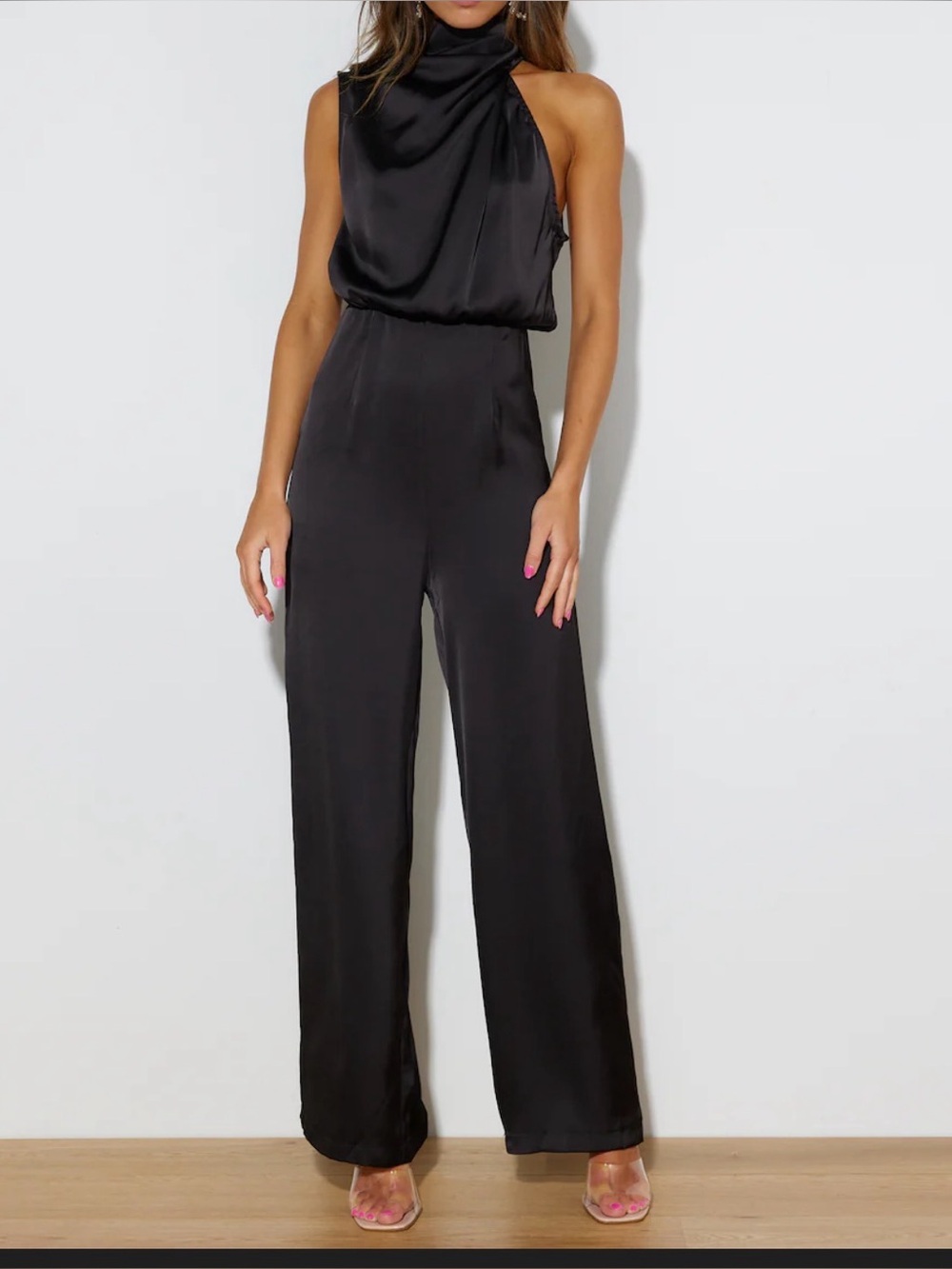 Hello Molly Black Satin Draped High-Neck Jumpsuit. Sz X-S. 514